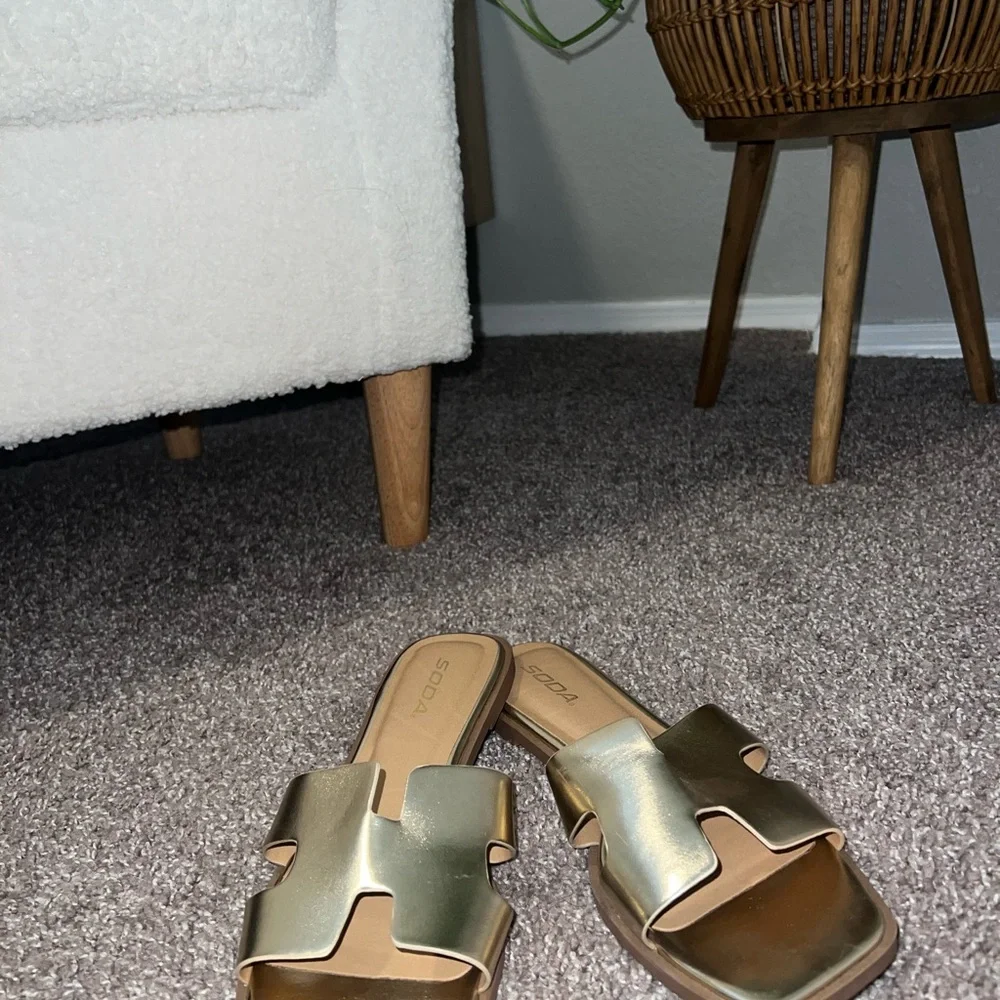 Soda Gold Slide Sandals with H Cut-Out Design - Picture 4 of 4